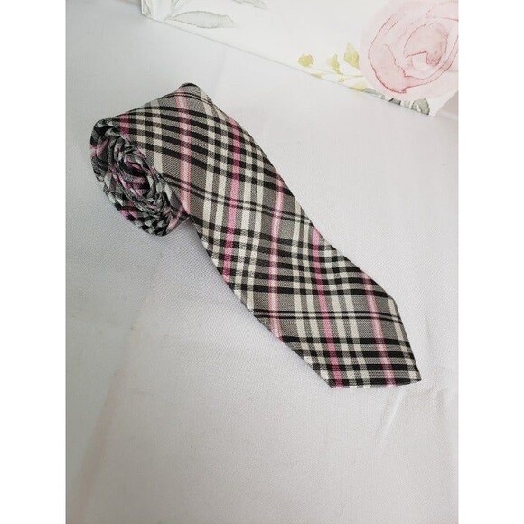 Mens Eton Black and Pink Silk Plaid Neck Tie Necktie Made in England - Picture 8 of 9